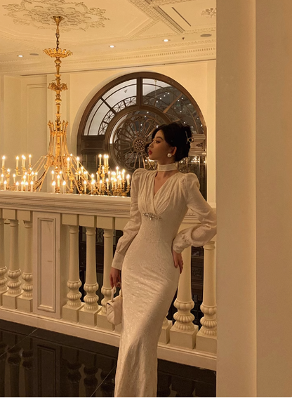 Modest Mermaid V Neck Long Sleeves White Satin 21st Birthday Dress Party Gown Birthday Outfits Birthday Dress Ideas For Women DP1476