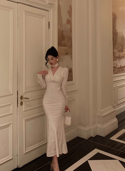 Modest Mermaid V Neck Long Sleeves White Satin 21st Birthday Dress Party Gown Birthday Outfits Birthday Dress Ideas For Women DP1476