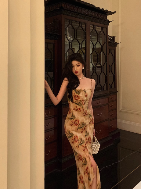 Elegant Mermaid Spaghetti Straps Floral Long 23rd Birthday Dress Party Gown Birthday Outfits Birthday Dress Ideas For Women DP1479