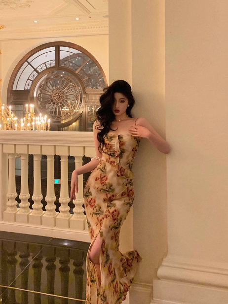 Elegant Mermaid Spaghetti Straps Floral Long 23rd Birthday Dress Party Gown Birthday Outfits Birthday Dress Ideas For Women DP1479