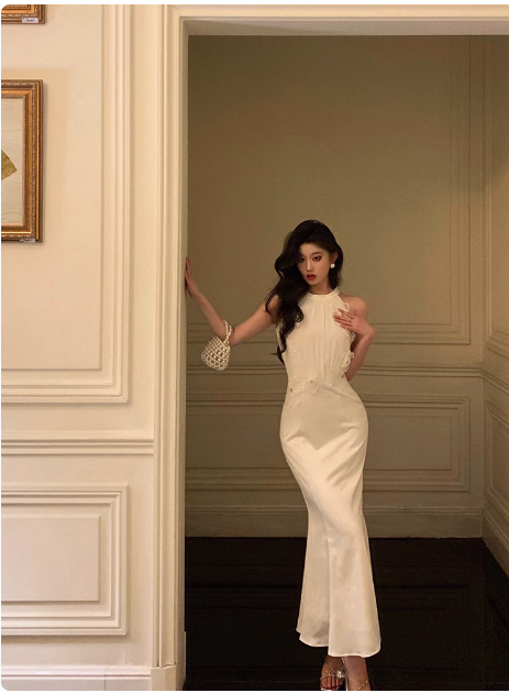 Modest Mermaid High Neckline White Satin 21st Birthday Dress Party Gown Birthday Outfits Birthday Dress Ideas For Women DP1482