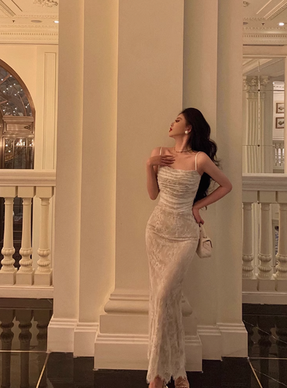 Sexy Mermaid Spaghetti Straps White Lace 21st Birthday Dress Party Gown Birthday Outfits Birthday Dress Ideas For Women DP1487