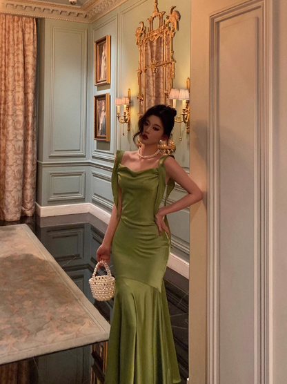 Sexy Mermaid Square Green Satin 21st Birthday Dress Party Gown Birthday Outfits Birthday Dress Ideas For Women DP1490