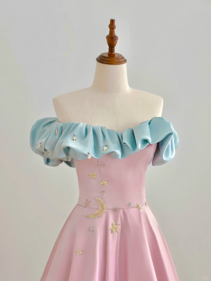 Elegant Glamour A line Off The Shoulder Pink Satin Prom Dress Party Dress Evening Dresses DP1501