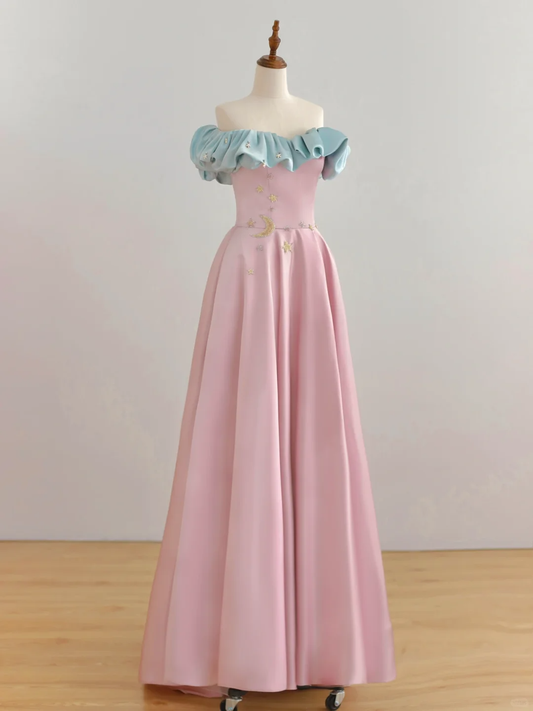 Elegant Glamour A line Off The Shoulder Pink Satin Prom Dress Party Dress Evening Dresses DP1501