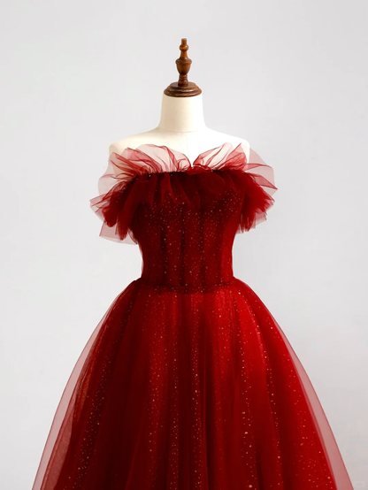 Elegant Glamour Ball Gown Off The Shoulder Short Sleeves Burgundy Tulle Prom Dress Party Dress Evening Dresses DP1508