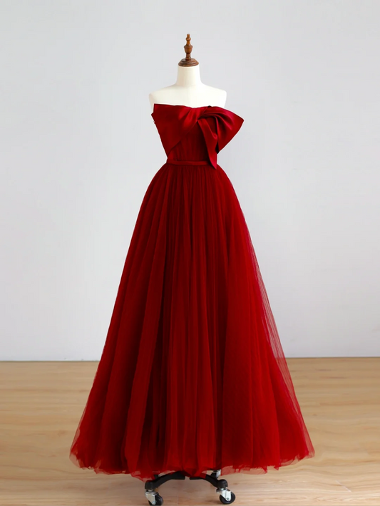 Elegant Glamour Ball Gown Strapless Burgundy Tulle Prom Dress Party Dress Evening Dresses DP1509