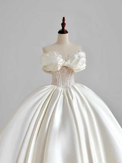 Glitter Wedding Dresses Ball Gown Off The Shoulder Short Sleeves Satin Wedding Dresses Corset Bridal Gowns DP1512