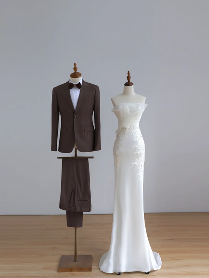 Simple Bridal Gown Mermaid Strapless Satin White Wedding Dresses Minimalist Bridal Gowns DP1513