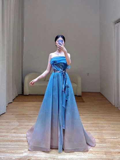 Elegant Glamour Ball Gown Strapless Blue Tulle Prom Dress Party Dress Evening Dresses DP1514