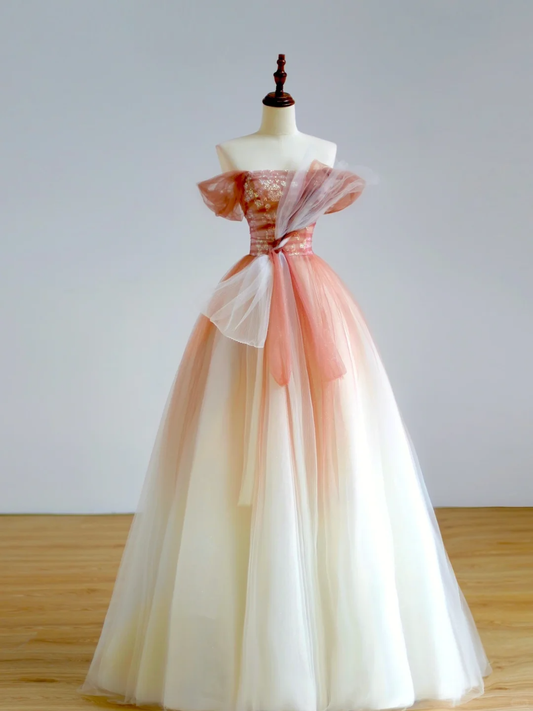 Elegant Glamour Ball Gown Off The Shoulder Pink Tulle Prom Dress Party Dress Long Evening Dresses DP1515