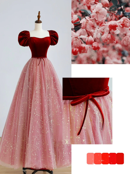 Elegant Glamour Ball Gown Sweetheart Short Sleeves Tulle Pink Prom Dress Party Dress Evening Dresses DP1518
