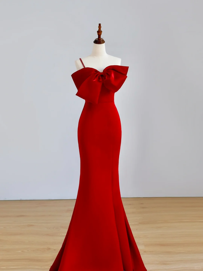 Elegant Glamour Mermaid Strapless Red Satin Long Prom Dress Party Dress Evening Dresses DP1519
