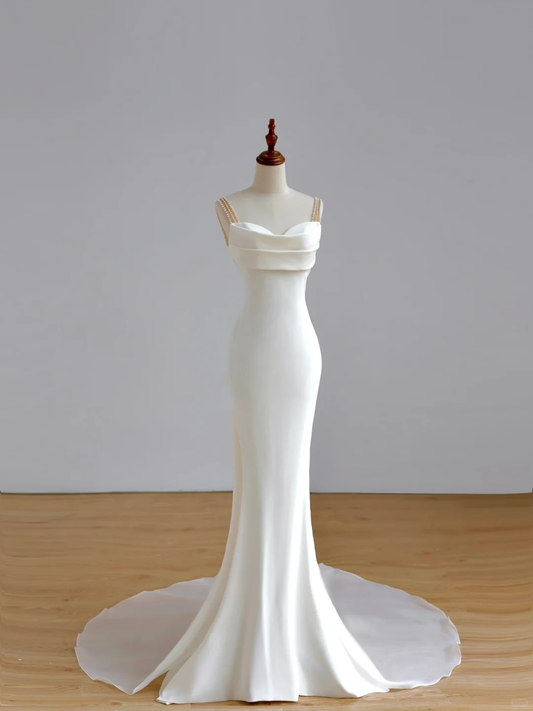 Simple Bridal Gown Mermaid Spaghetti Straps Satin White Wedding Dresses Minimalist Bridal Gowns DP1520
