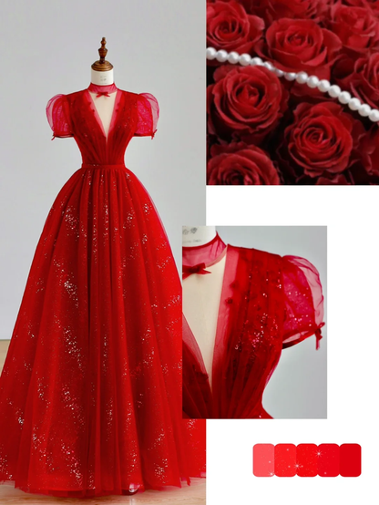 Elegant Glamour Ball Gown V Neckline Short Sleeves Red Tulle Prom Dress Party Dress Long Evening Dresses DP1521