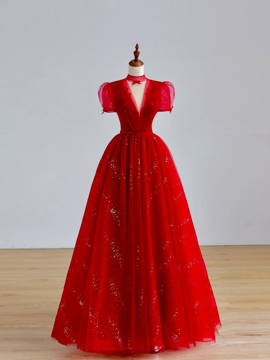 Elegant Glamour Ball Gown V Neckline Short Sleeves Red Tulle Prom Dress Party Dress Long Evening Dresses DP1521