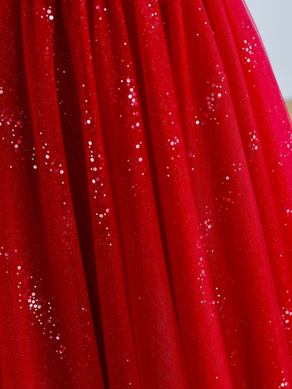 Elegant Glamour Ball Gown V Neckline Short Sleeves Red Tulle Prom Dress Party Dress Long Evening Dresses DP1521