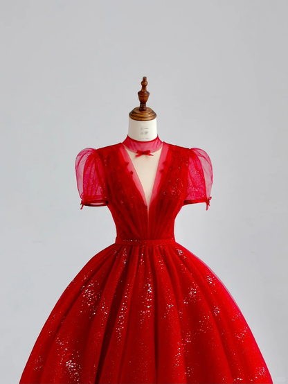 Elegant Glamour Ball Gown V Neckline Short Sleeves Red Tulle Prom Dress Party Dress Long Evening Dresses DP1521