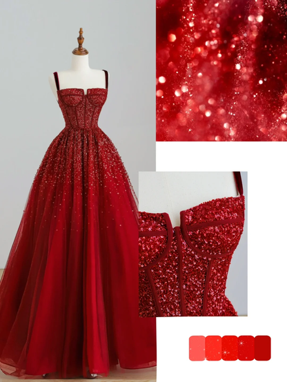Elegant Glamour A line Spaghetti Straps Tulle Red Long Prom Dress Party Dress Evening Dresses DP1522