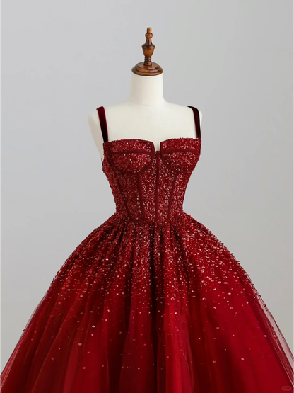 Elegant Glamour A line Spaghetti Straps Tulle Red Long Prom Dress Party Dress Evening Dresses DP1522