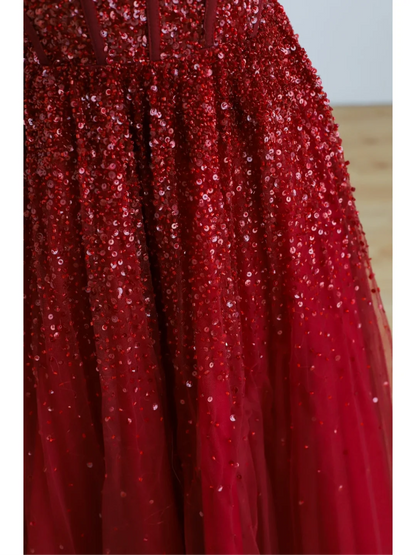 Elegant Glamour A line Spaghetti Straps Tulle Red Long Prom Dress Party Dress Evening Dresses DP1522