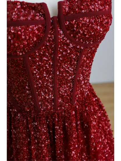 Elegant Glamour A line Spaghetti Straps Tulle Red Long Prom Dress Party Dress Evening Dresses DP1522