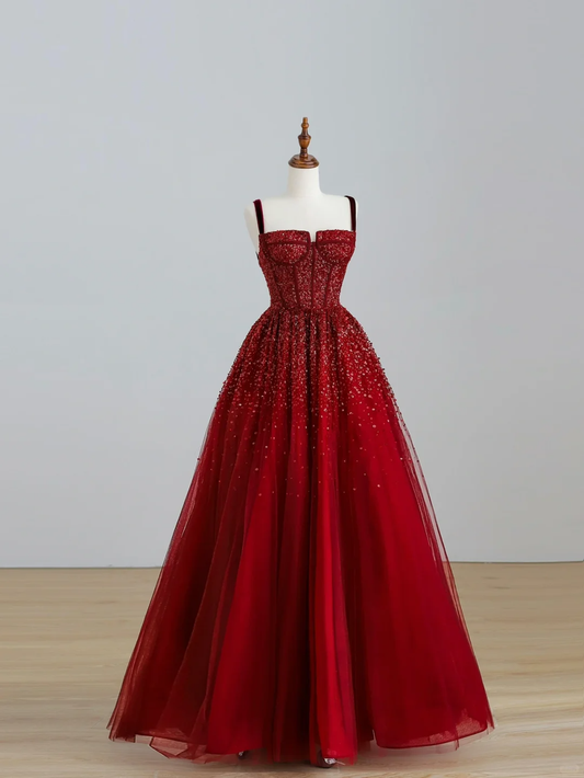 Elegant Glamour A line Spaghetti Straps Tulle Red Long Prom Dress Party Dress Evening Dresses DP1522