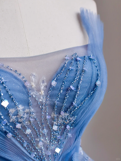 Elegant Glamour Ball Gown Strapless Blue Tulle Long Prom Dresses Party Dress Evening Dress DP1576