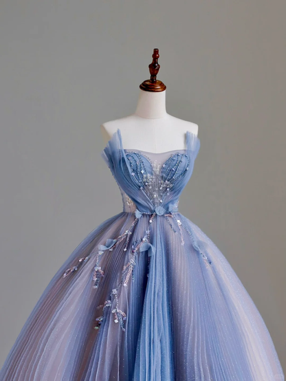 Elegant Glamour Ball Gown Strapless Blue Tulle Long Prom Dresses Party Dress Evening Dress DP1576