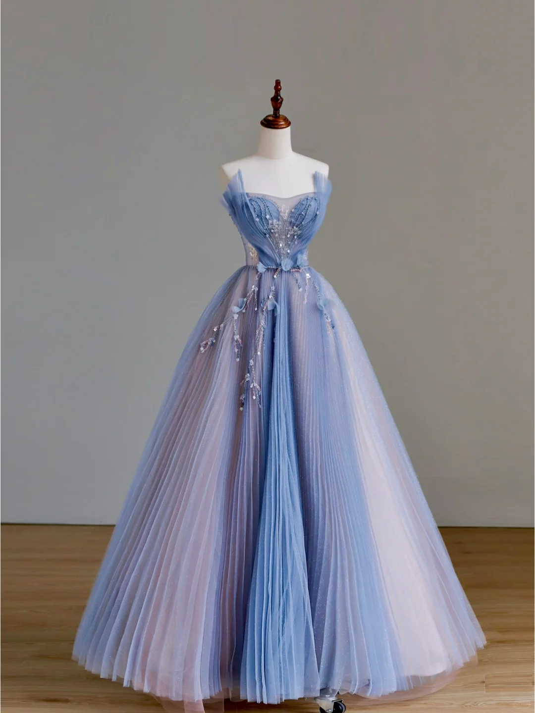 Elegant Glamour A line Strapless Blue Tulle Long Prom Dresses Party Dress Evening Dress DP1524