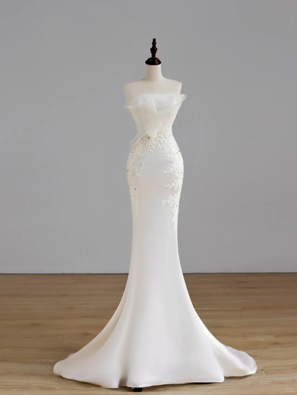 Simple Bridal Gown Mermaid Strapless Satin White Wedding Dresses Minimalist Bridal Gowns DP1527