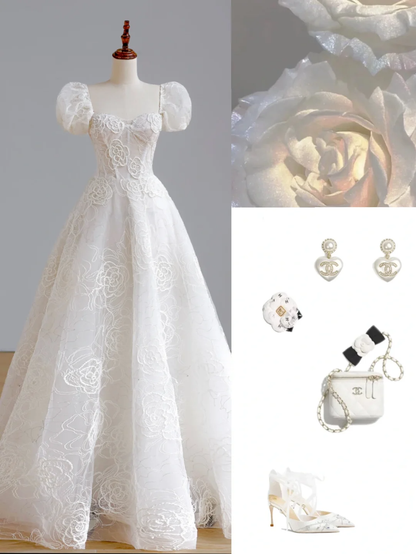 Simple Bridal Gown Ball Gown Short Sleeves Lace White Wedding Dresses Minimalist Bridal Gowns DP1532