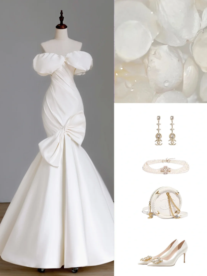 Simple Bridal Gown Mermaid Off The Shoulder Satin Short Sleeves White Wedding Dresses Minimalist Bridal Gowns DP1549