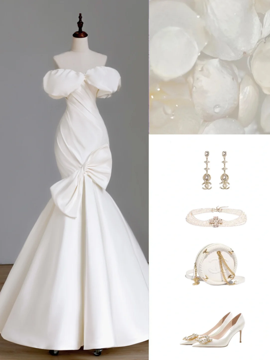 Simple Bridal Gown Mermaid Off The Shoulder Satin White Wedding Dresses Minimalist Bridal Gowns DP1533