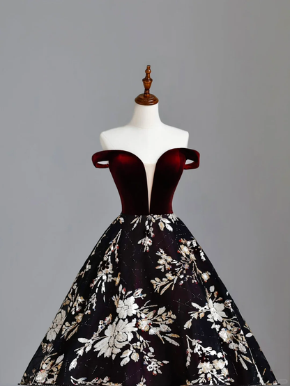 Elegant Glamour Ball Gown Off The Shoulder Burgundy Satin Prom Dress Party Dress Long Evening Dresses DP1535