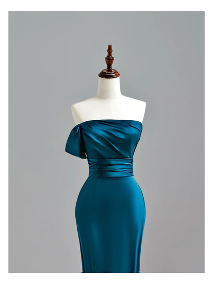 Elegant Glamour Mermaid Strapless Blue Satin Prom Dress Party Dress Long Evening Dresses DP1545