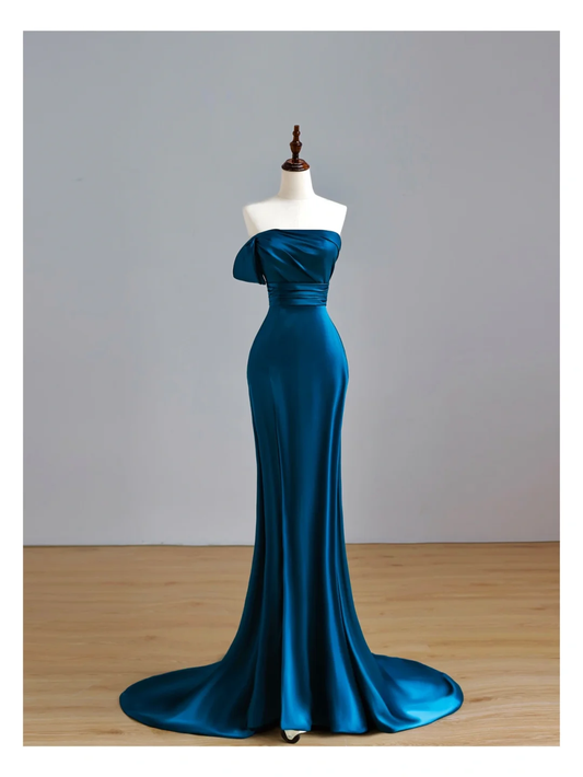 Elegant Glamour Mermaid Strapless Blue Satin Prom Dress Party Dress Long Evening Dresses DP1545