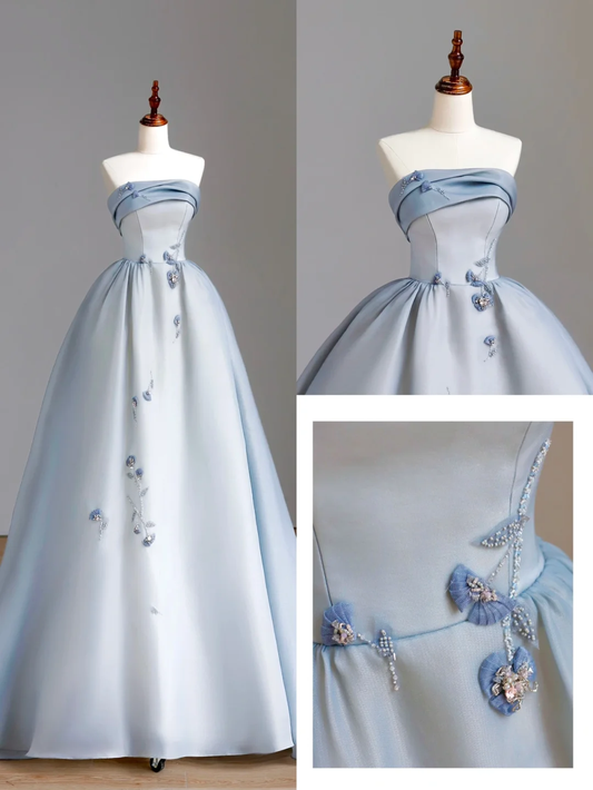 Elegant Glamour Ball Gown Strapless Blue Evening Gown Birthday Outfits Evening Dresses For Women DP1548