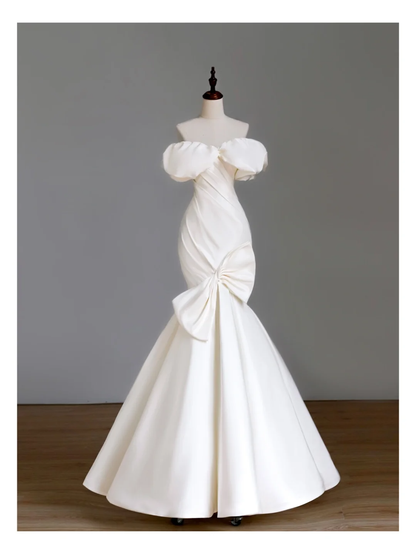 Simple Bridal Gown Mermaid Off The Shoulder Satin Short Sleeves White Wedding Dresses Minimalist Bridal Gowns DP1549