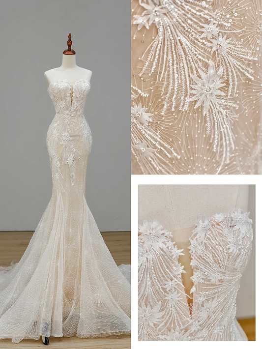 Simple Bridal Gown Mermaid Sweetheart Lace Sleeveless White Wedding Dresses Minimalist Bridal Gowns DP1551