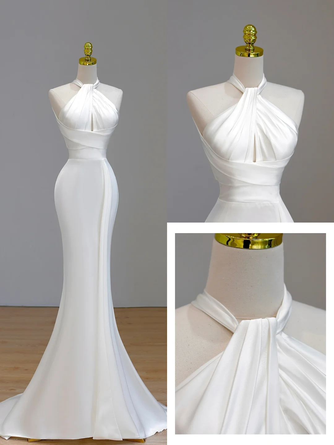 Simple Bridal Gown Mermaid Halter Satin Sleeveless White Wedding Dresses Minimalist Bridal Gowns DP1554
