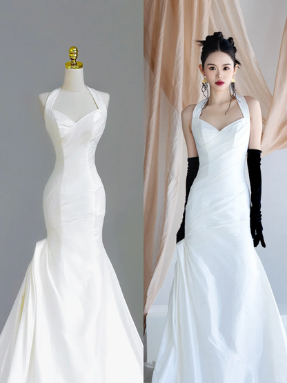 Simple Bridal Gown Mermaid Halter Satin Sleeveless White Wedding Dresses Minimalist Bridal Gowns DP1558