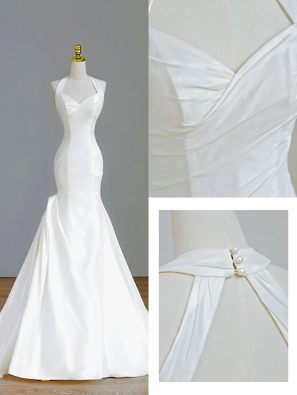 Simple Bridal Gown Mermaid Halter Satin Sleeveless White Wedding Dresses Minimalist Bridal Gowns DP1558