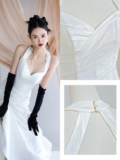 Simple Bridal Gown Mermaid Halter Satin Sleeveless White Wedding Dresses Minimalist Bridal Gowns DP1558