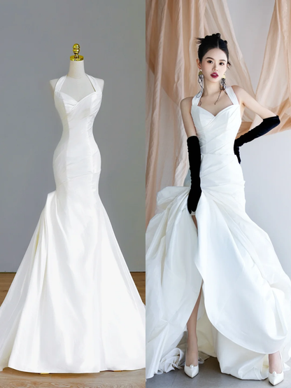 Simple Bridal Gown Mermaid Halter Satin Sleeveless White Wedding Dresses Minimalist Bridal Gowns DP1558