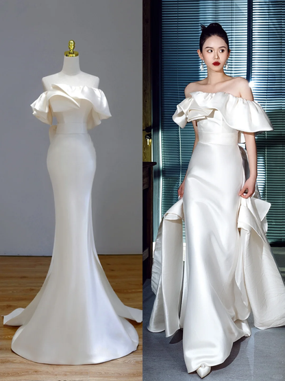 Ethereal Wedding Dress Mermaid Off The Shoulder Satin White Wedding Dresses Bridal Gowns DP1559