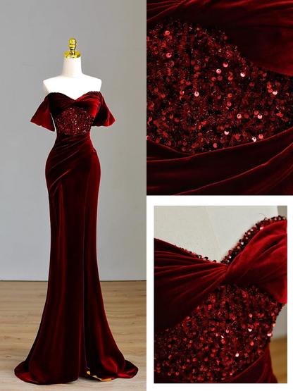 Elegant Glamour Mermaid Off The Shoulder Burgundy Velvet Long Prom Dresses Party Dress Evening Dress DP1560
