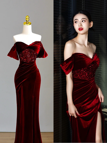Elegant Glamour Mermaid Off The Shoulder Burgundy Velvet Long Prom Dresses Party Dress Evening Dress DP1560