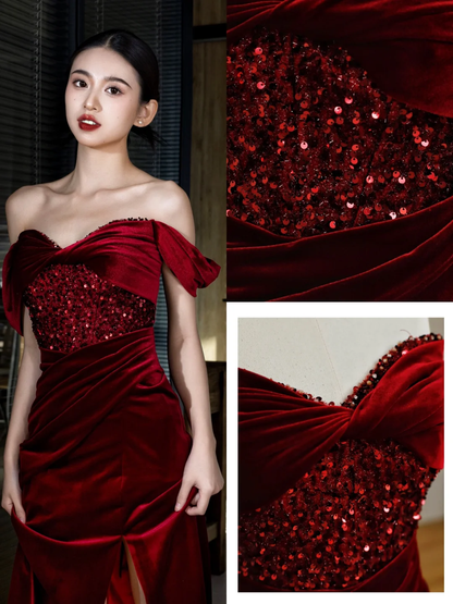 Elegant Glamour Mermaid Off The Shoulder Burgundy Velvet Long Prom Dresses Party Dress Evening Dress DP1560