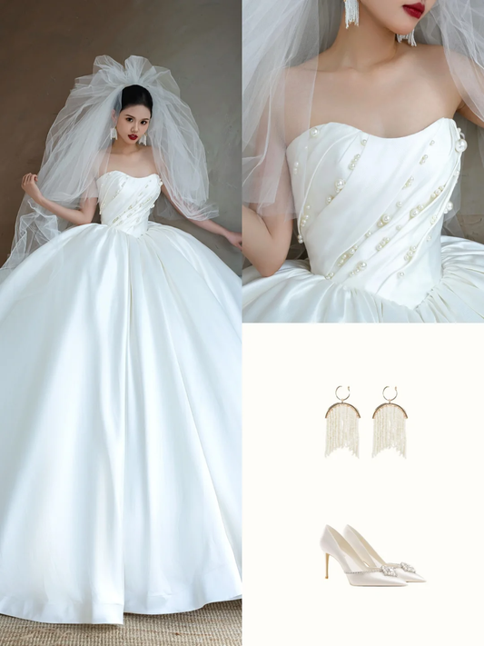 Pretty Wedding Dress Ball Gown Sweetheart White Satin Wedding Dresses Bridal Gowns DP1561